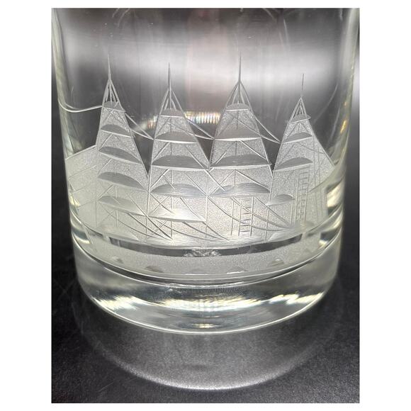 Toscany Glass Nautical Schooner Clipper Ship Etched Old Fashioned Glass Barware - Picture 1 of 7
